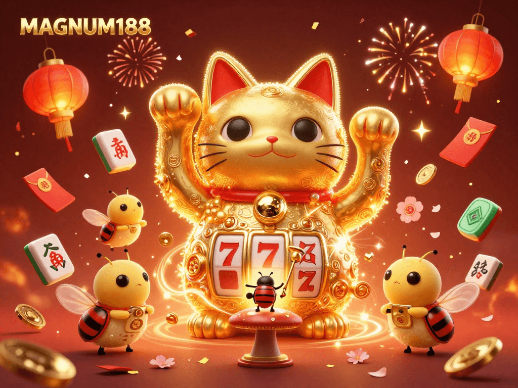 Experience excitement with MAGNUM188, illustrated as a lucky cat amidst vibrant casino symbols.