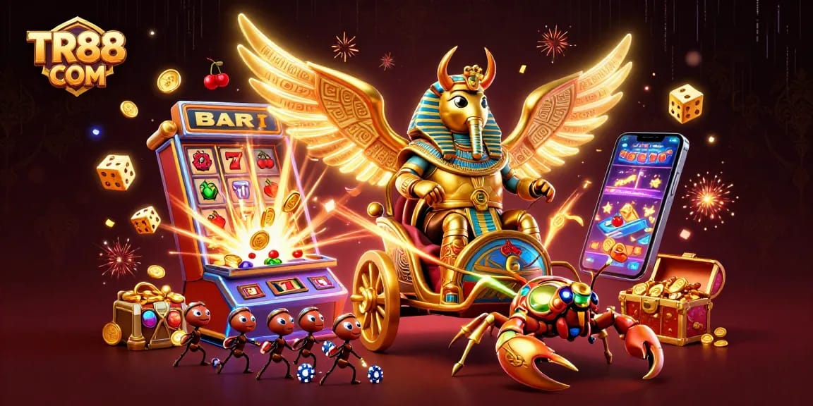 Capture the excitement with TR88 COM as glowing characters navigate a vibrant casino universe filled with jackpots and treasures.