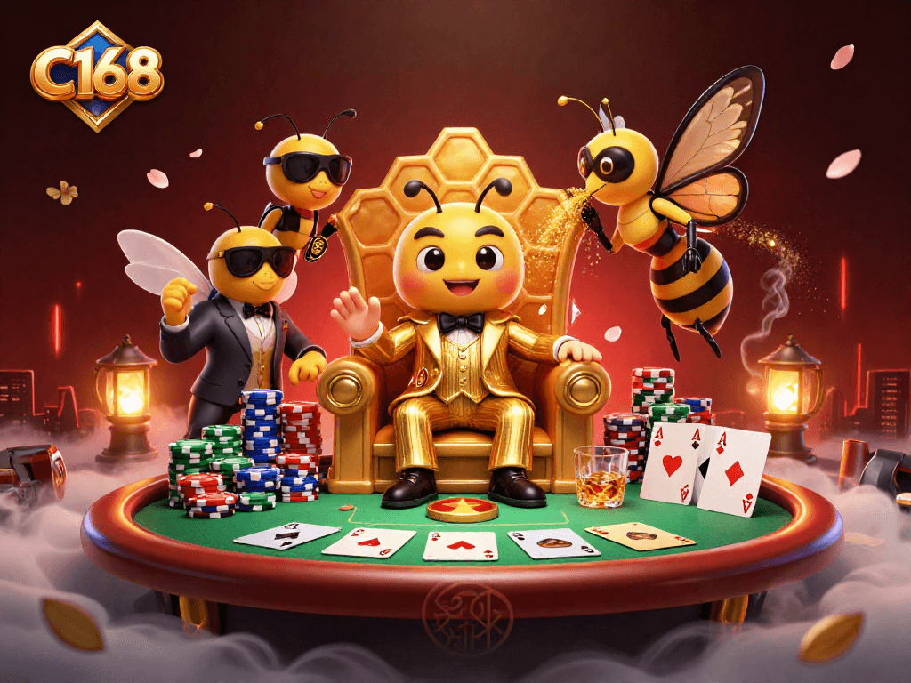 C168 players engaging at a vibrant poker table with a charismatic mob boss figure and his bodyguards in a buzzing casino atmosphere.