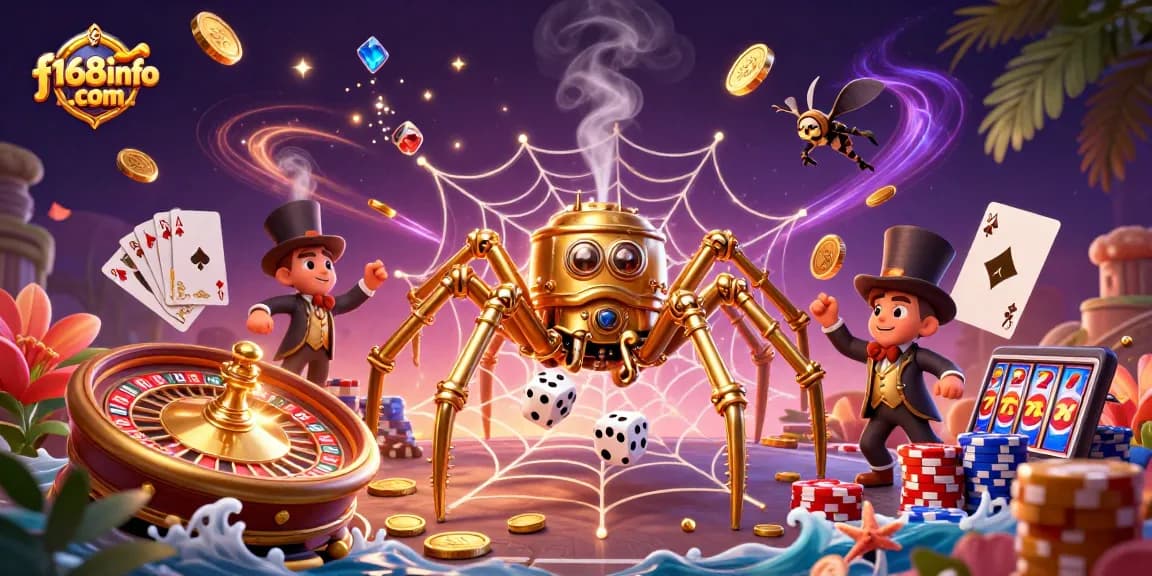 Win big at f168info com with a vibrant steampunk-themed casino illustration showcasing exciting gaming action.
