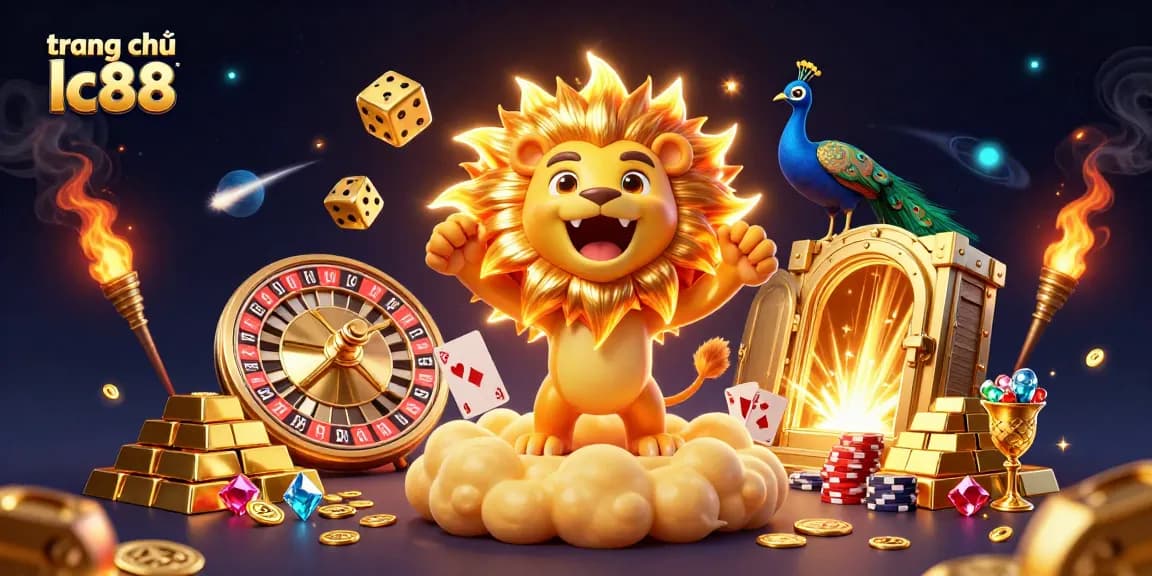 Experience excitement at trang chủ lc88 with a roaring lion and vibrant casino elements