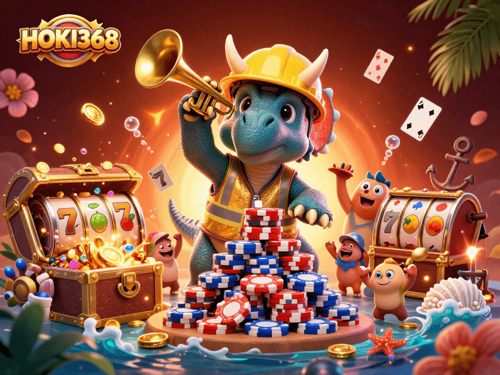Join the celebration at HOKI368 with a triceratops building a poker chip pyramid in this vibrant 3D casino scene.