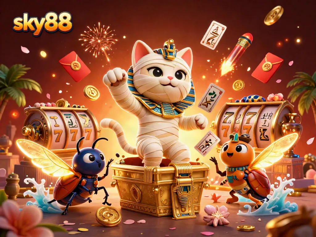 Experience exciting gaming adventures with sky88's vibrant 3D illustration showcasing dynamic casino elements.