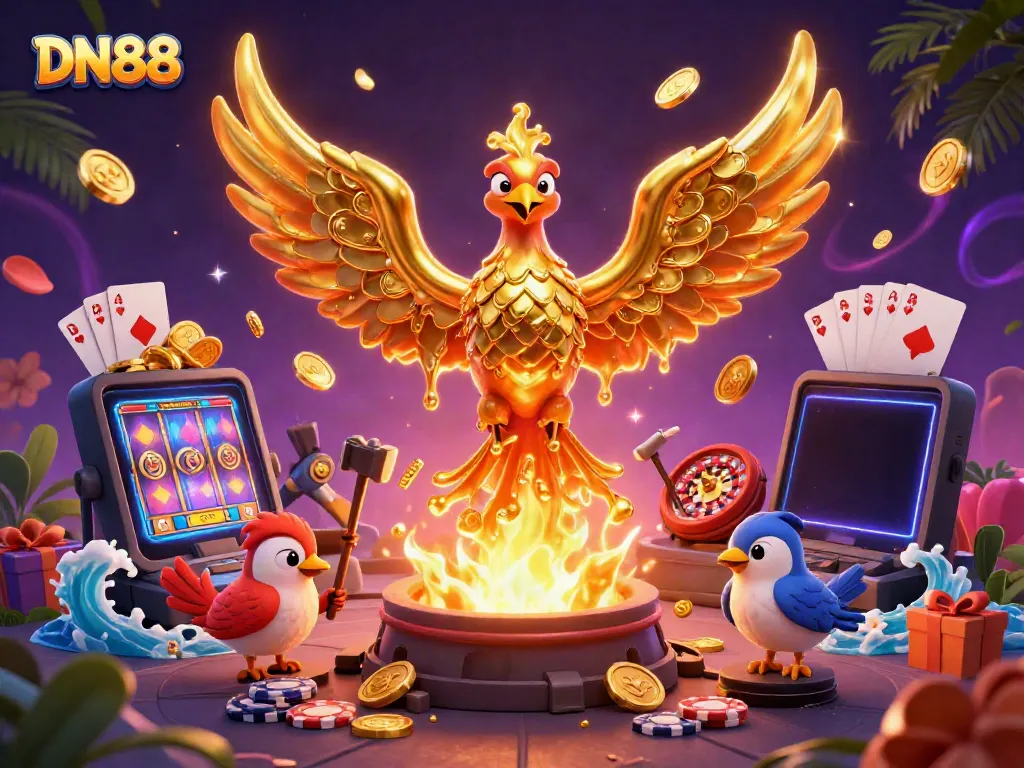 Play dynamic games at DN88 with a golden phoenix amidst vibrant casino elements in an enchanting setting.
