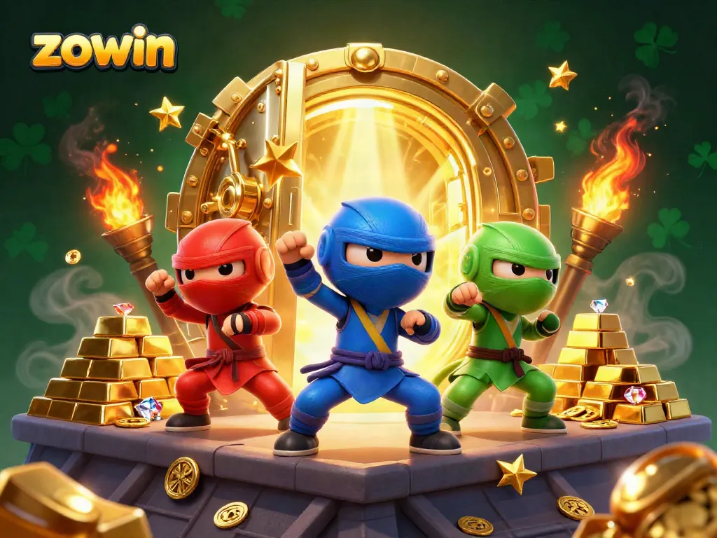 Experience thrilling wins at Zowin with a dynamic scene featuring ninja chameleons amidst treasures.