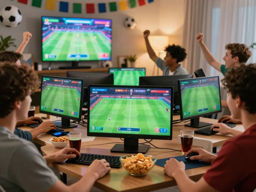 Engaged user playing mantul88 mobile game in a lively, football-themed living room.