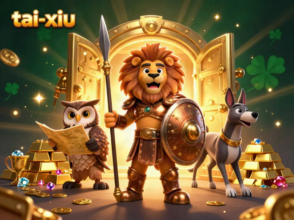 Experience thrilling tai-xiu gameplay with heroic characters and dynamic treasure elements in a vibrant casino scene.
