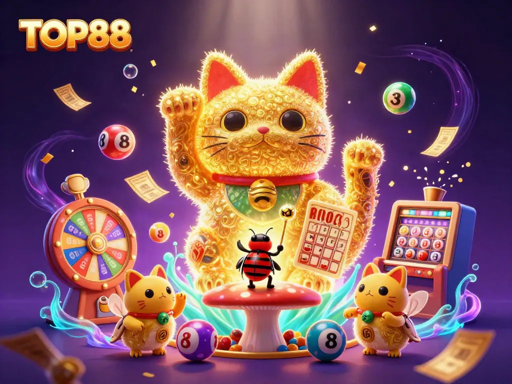 Experience the excitement of TOP88 with a whimsical 3D illustration featuring a lucky cat and vibrant casino elements.