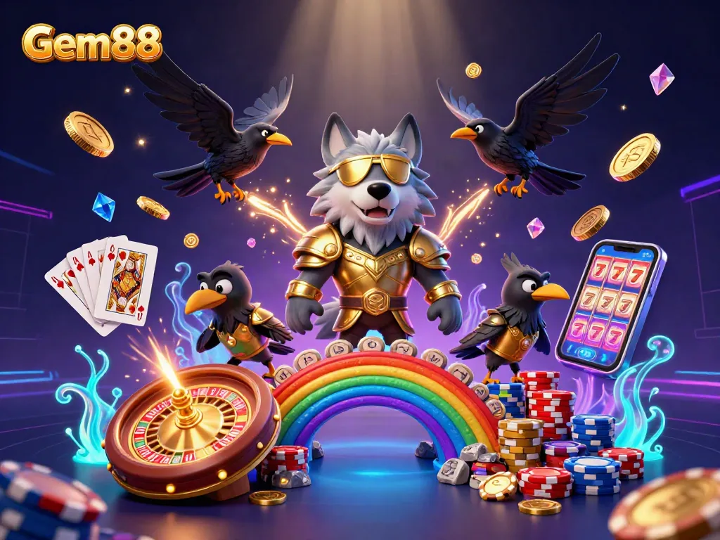 Experience Gem88 with a vibrant online casino scene featuring Odin and two ravens among riches.