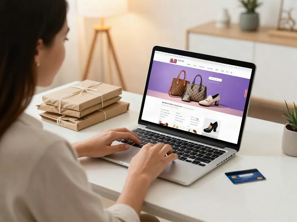 Online shopping scene featuring a woman browsing a Replica Shop for luxury products.