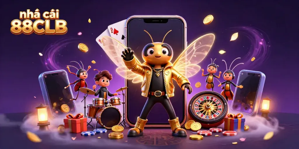 Experience the thrilling action of nhà cái 88CLB with a vibrant 3D casino illustration featuring energetic characters and dynamic gaming elements.