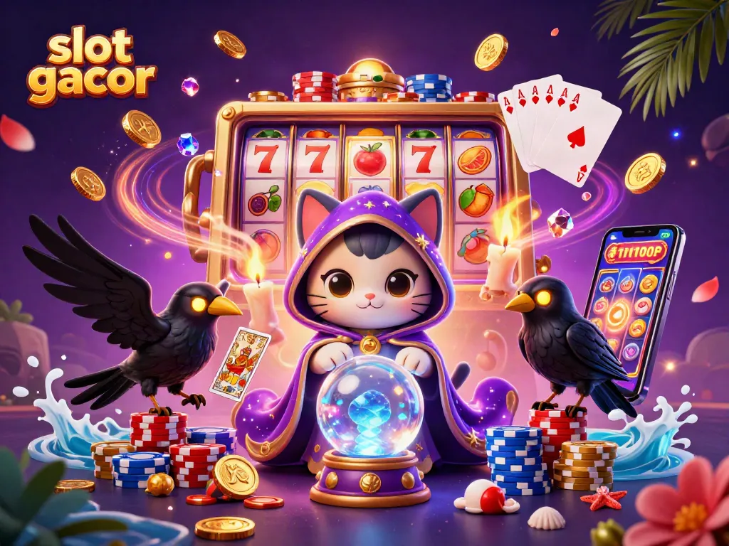 Spin the slot gacor reels with a mystical cat fortune teller and tarot raven in a vibrant casino scene