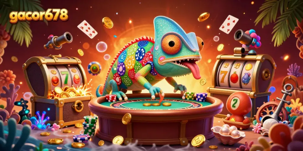 Experience thrilling gameplay at gacor678, as a vibrant chameleon casino owner celebrates wins surrounded by slot reels and treasures.