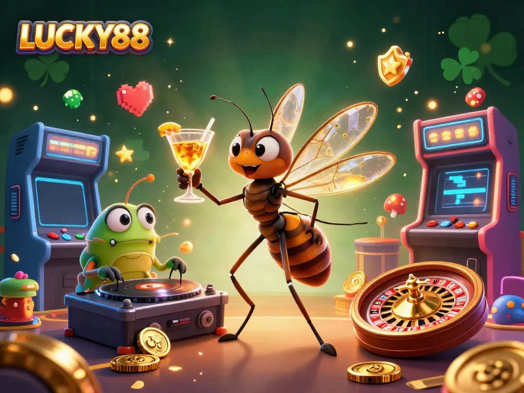 Win big at LUCKY88 with a vibrant casino scene featuring engaging characters and game elements.