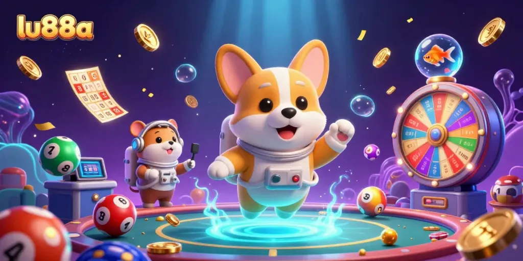 Experience thrilling casino adventures at lu88a with a floating astronaut corgi and animated lottery balls.