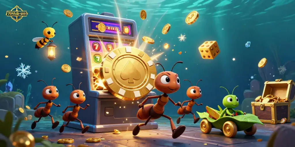 Engage in excitement with 789lub-pro as cartoon ants carry a giant poker chip through a vibrant casino heist scene.