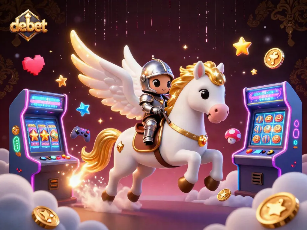 Experience the vibrant debet gaming scene with a celestial horse and knight amidst slot machines.