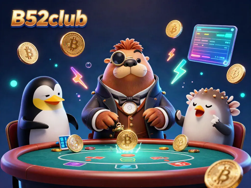 Engaging scene of B52club with a walrus at a poker table, showcasing vibrant crypto elements.