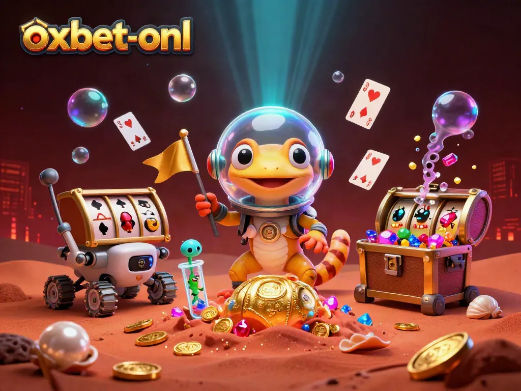 Join the excitement at oxbet-onl with a vibrant 3D illustration of a Martian gecko discovering a golden casino.