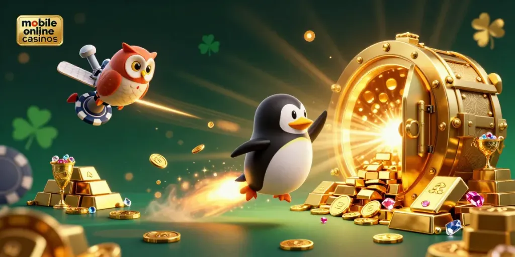 Engage with mobile online casinos through an energetic 3D scene featuring a golden penguin and treasures.