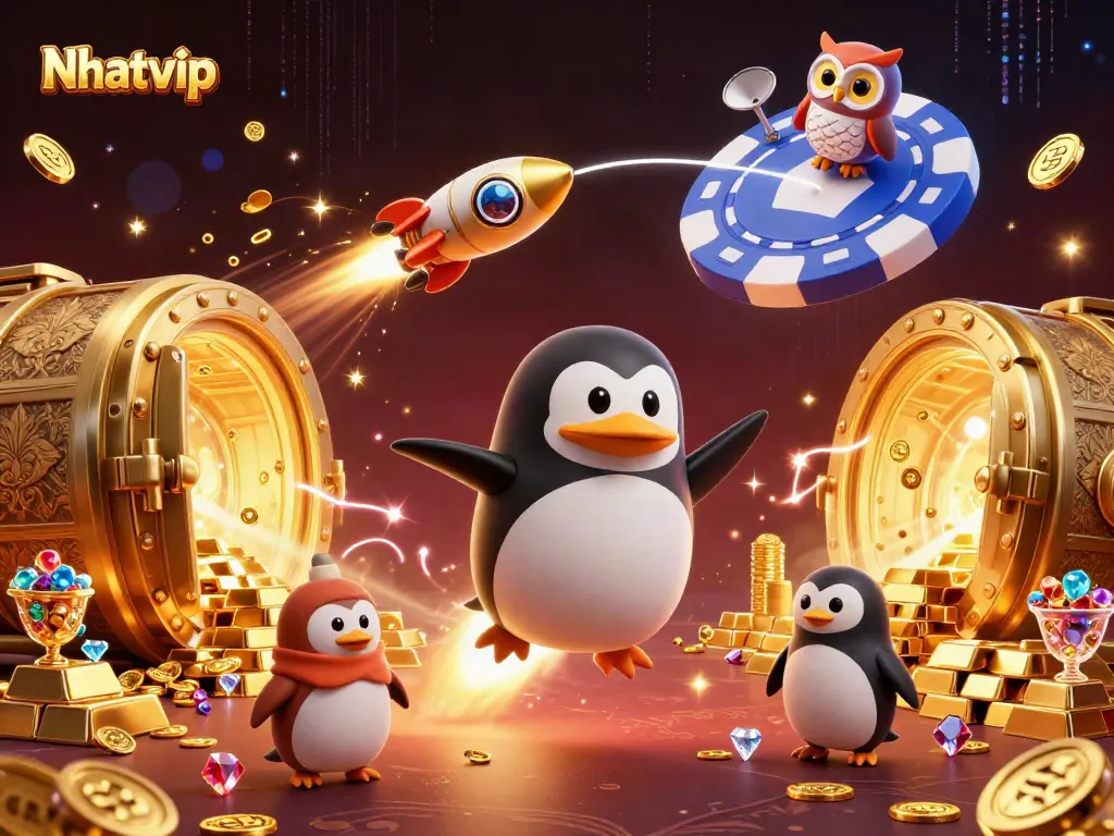 Nhatvip penguin launches toward casino space station amidst treasure and winning symbols.