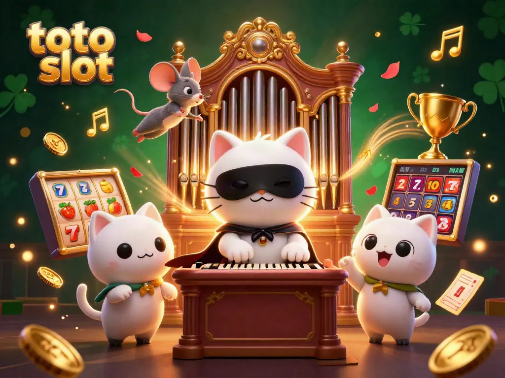 Toto slot illustration with a masked cat playing slots surrounded by vibrant casino elements.