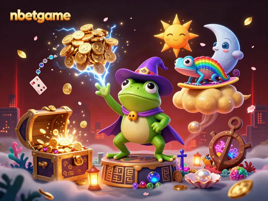 Engage with nbetgame's vibrant casino scene featuring a weather wizard frog and a rainbow chameleon amidst golden coins and gaming elements.