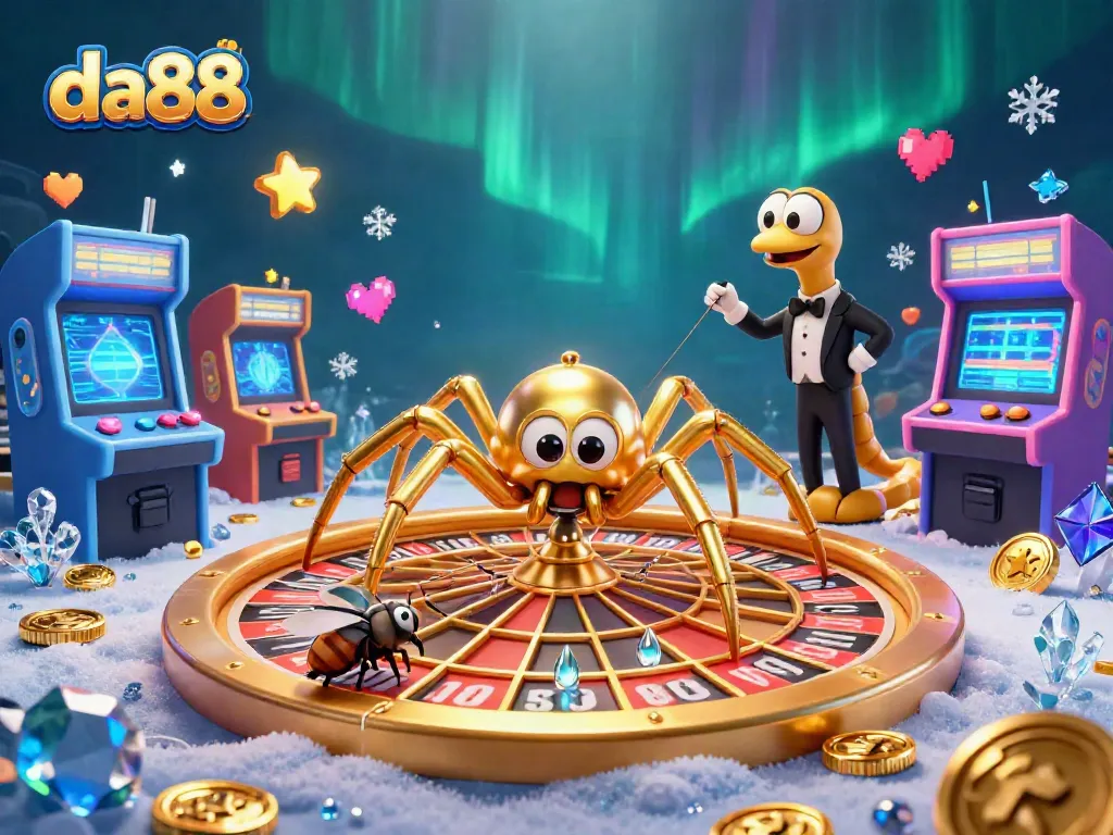 Place bets on da88’s roulette wheel with a golden spider and centipede dealer in a vibrant casino scene.