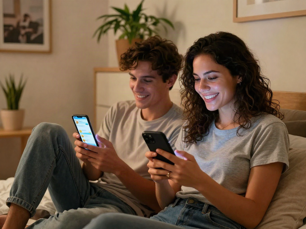 Couple enjoying ai sexting in a cozy bedroom setting, showcasing playful interaction on smartphones.