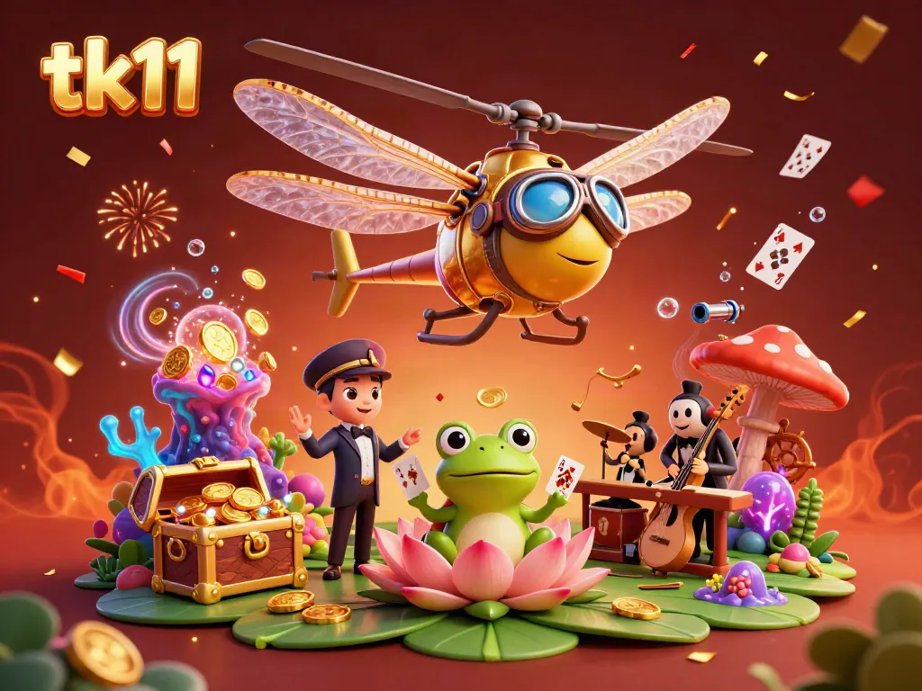 Experience tk11 excitement with a dragonfly pilot, frog croupier, and festive underwater casino scene.
