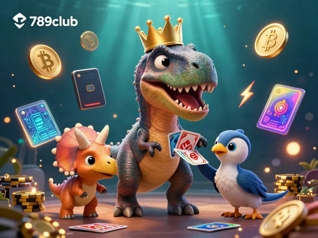 Engage in gaming action with 789club's cheerful T-Rex card dealer alongside a helpful pterodactyl and a baby triceratops stacking chips.