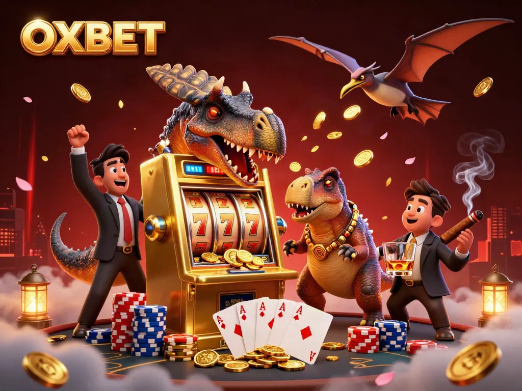 Catch the excitement at OXBET with a cartoon dinosaur celebrating a jackpot win.