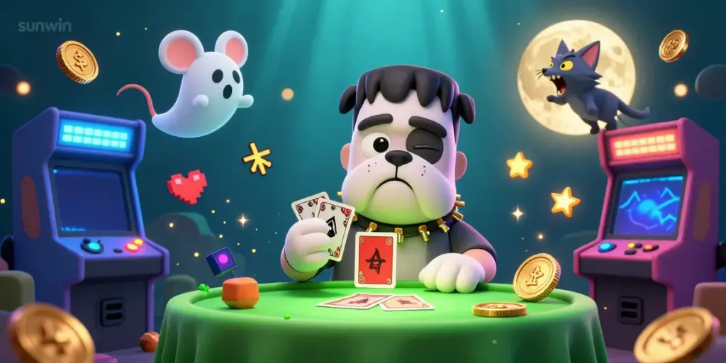Experience thrilling gameplay with sunwin's vibrant 3D casino scene featuring characters, chips, and glowing arcade machines.