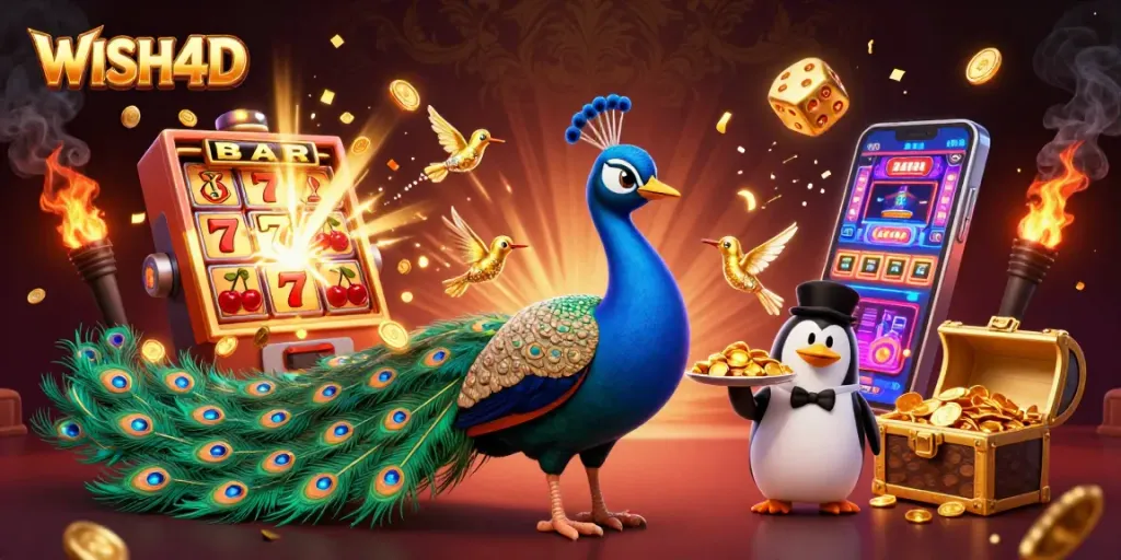 Experience thrilling gaming with WISH4D in this dynamic 3D illustration showcasing vibrant casino elements.