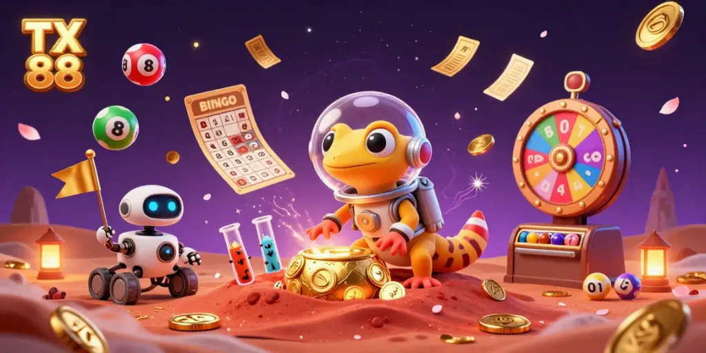Engage in fun with TX 88, where a Martian gecko unearths a golden casino with vibrant gambling elements.