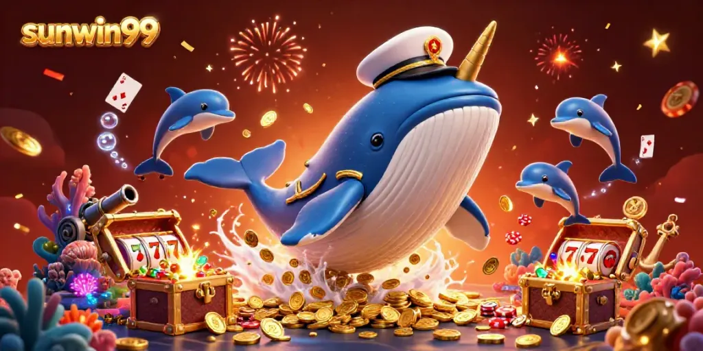 Experience exciting gameplay with sunwin99, featuring a cartoon whale and dolphins celebrating amidst slot reels.