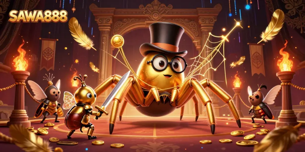 Engage with SAWA888's dynamic gambling world in an epic battle scene between a golden tarantula and a brave beetle knight.