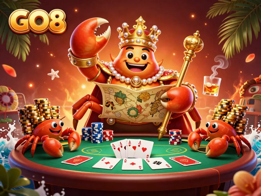 Engage in exciting poker action with GO8's vibrant casino scene featuring a golden crab emperor.