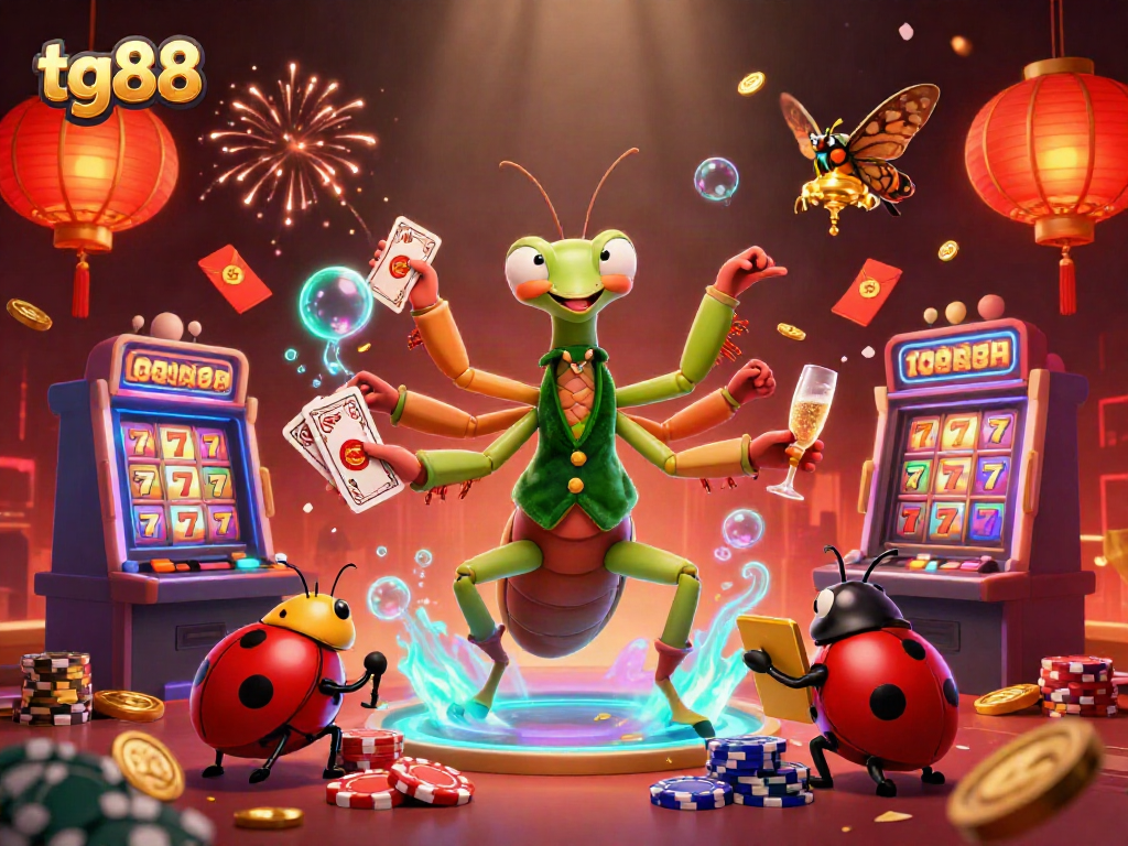 Experience the vibrant thrill of tg88 as the animated mantis deals cards and spins lucky slots.