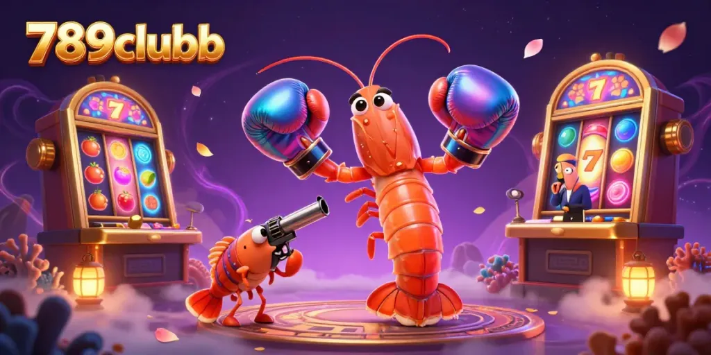 Engaging 3D illustration showcasing 789clubb with vibrant slot machines and lively gambling elements.