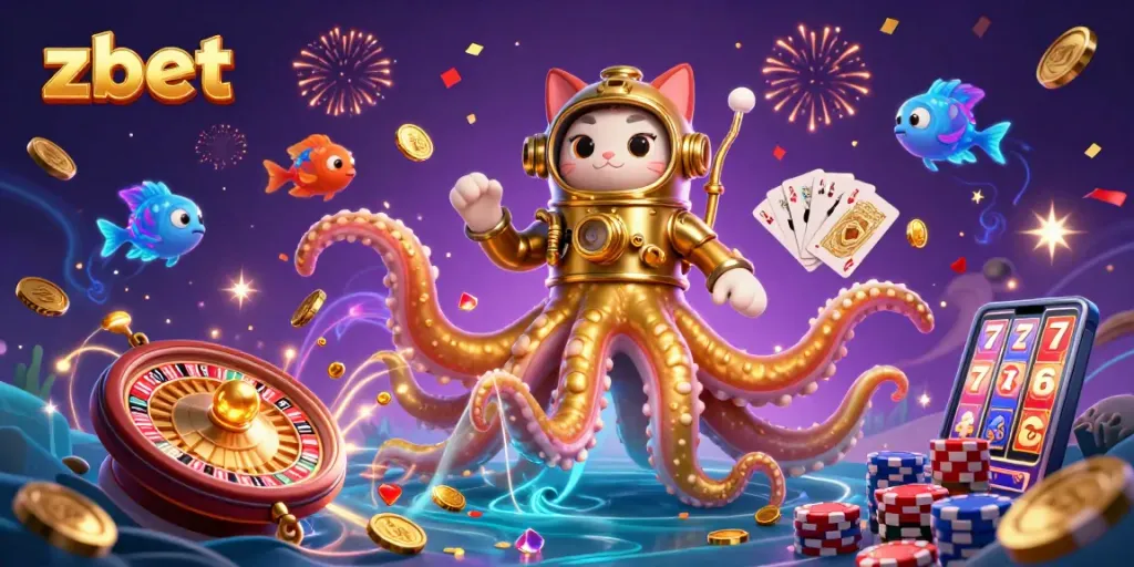 Spin and win at zbet with a kraken and diving cat amid a treasure underwater casino.