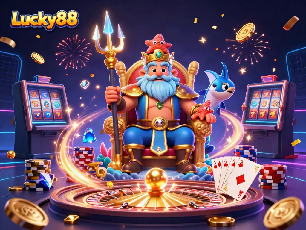 Play and win with Lucky88 in this vibrant 3D casino illustration showcasing dynamic gaming elements.
