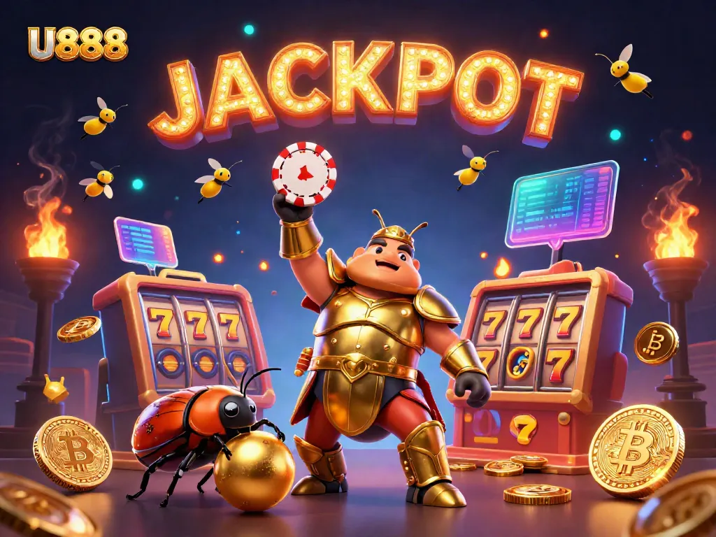 Engage with the excitement of U888 online gambling featuring cartoon beetles in a rich casino environment.