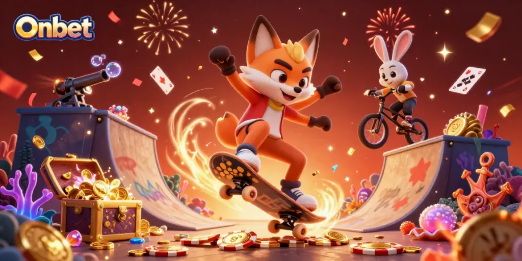 Experience the thrill of Onbet with a 3D fox and rabbit in casino-themed dynamic action.