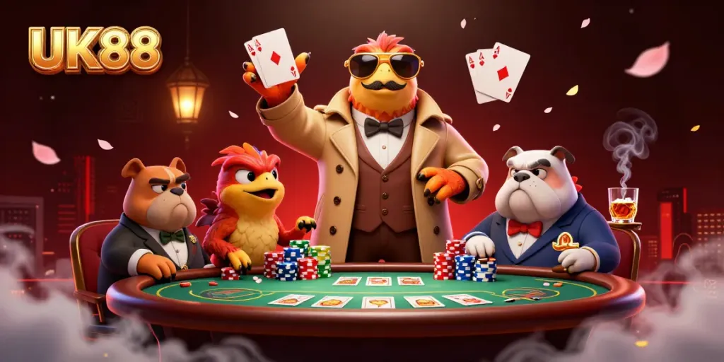 Three raptors disguised as a tall gambler entering a VIP casino lounge, embodying the fun of UK88.