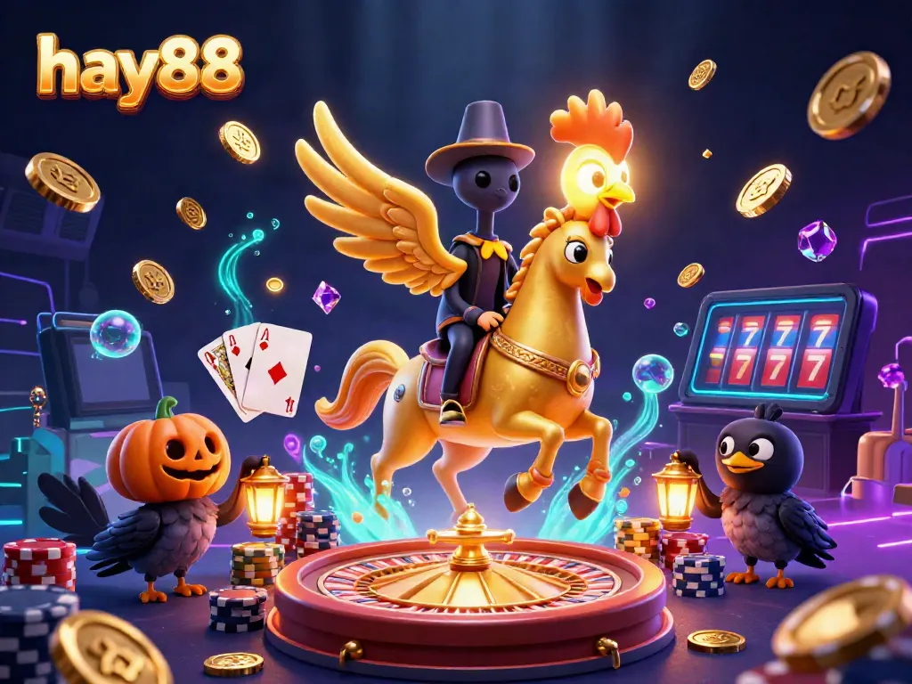 Experience the thrilling world of hay88 with a dazzling illustration of a golden rooster in a casino.