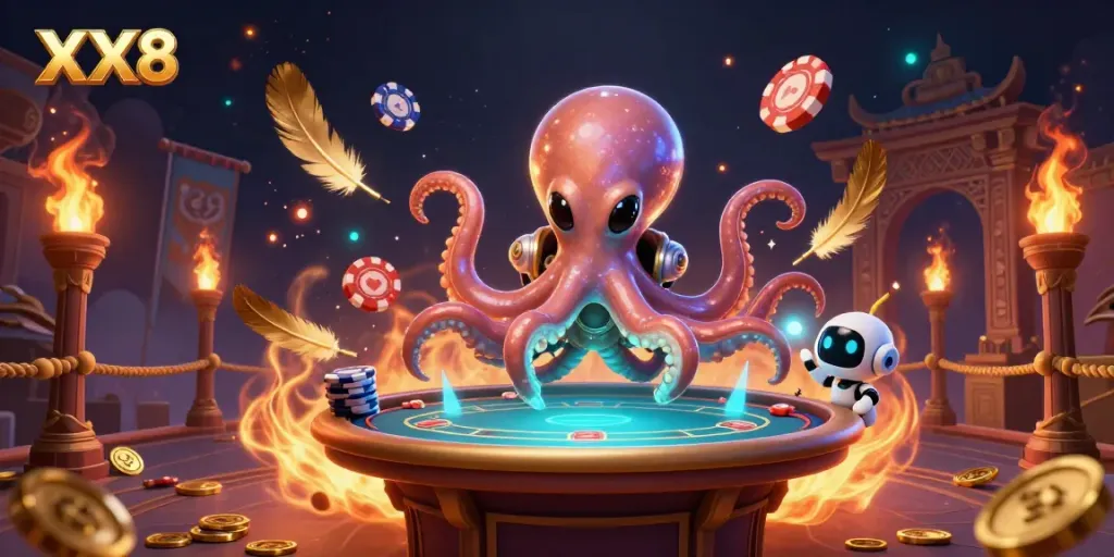 XX8 aliens play poker at a holographic table among vibrant casino elements