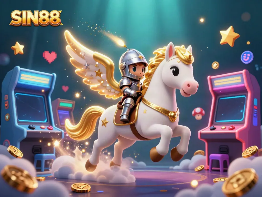 SIN88 showcases a vibrant 3D illustration of a galloping celestial horse and armored knight, representing gaming excitement.