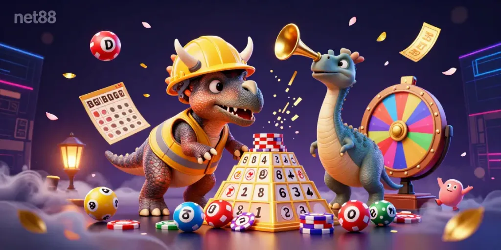 Engage in exciting gaming with net88 as characters celebrate in a vibrant casino setting.