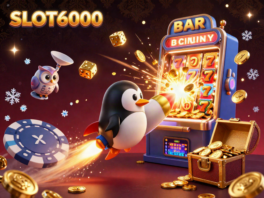 SLOT6000 showcases a golden penguin soaring towards a colorful jackpot, surrounded by dynamic casino elements.